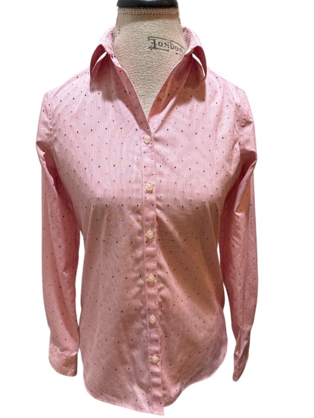 Lands End Sz 2 Pink Pinstripe & Dotted 100% Cotton Collared Button-Up Blouse